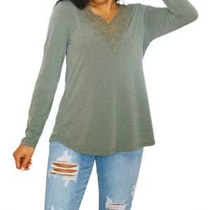 NEW EMERALD COLLECTION lacey long sleeve v neck in olive